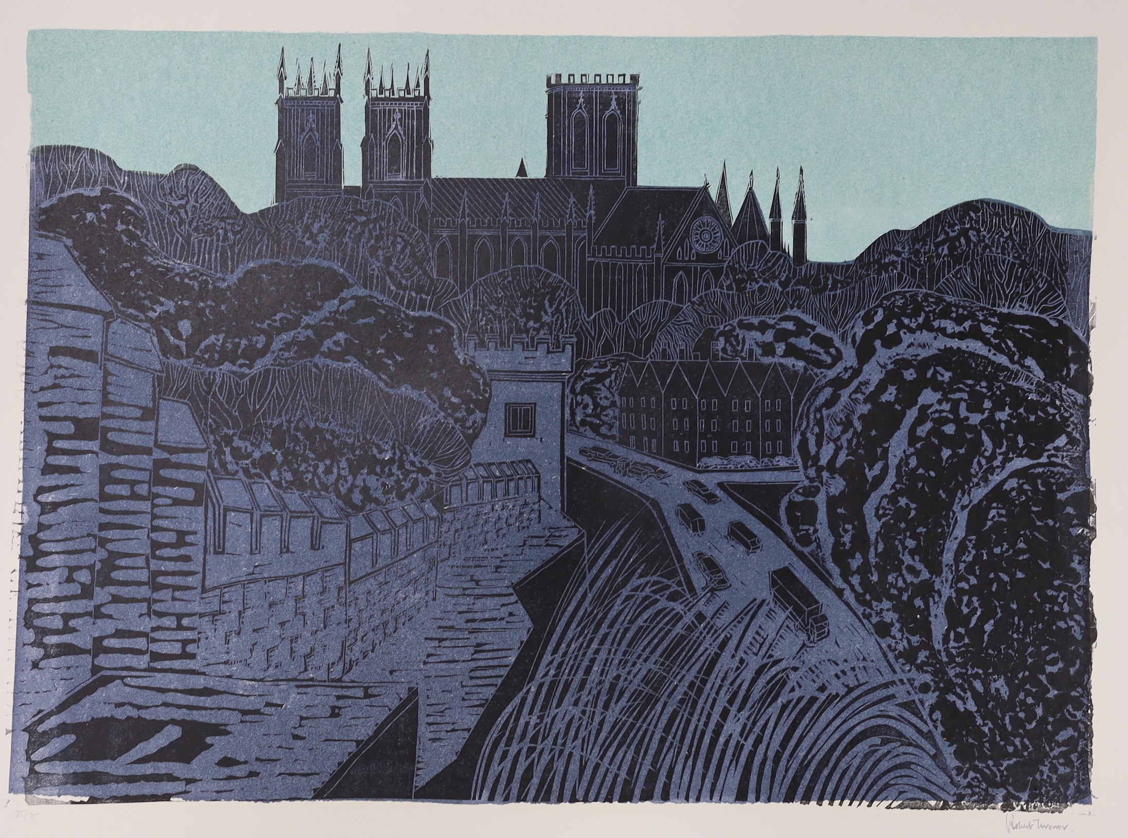 Robert Tavener (1920-2004), two wood engravings, Cathedral viewed from castle walls and Woman feeding chickens beside oast houses, both signed, numbered 25/75 and 23/30, overall 59 x 77cm and 45 x 58cm